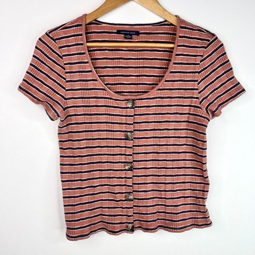 American Eagle Pink Stripe Stretch Knit T-Shirt LG